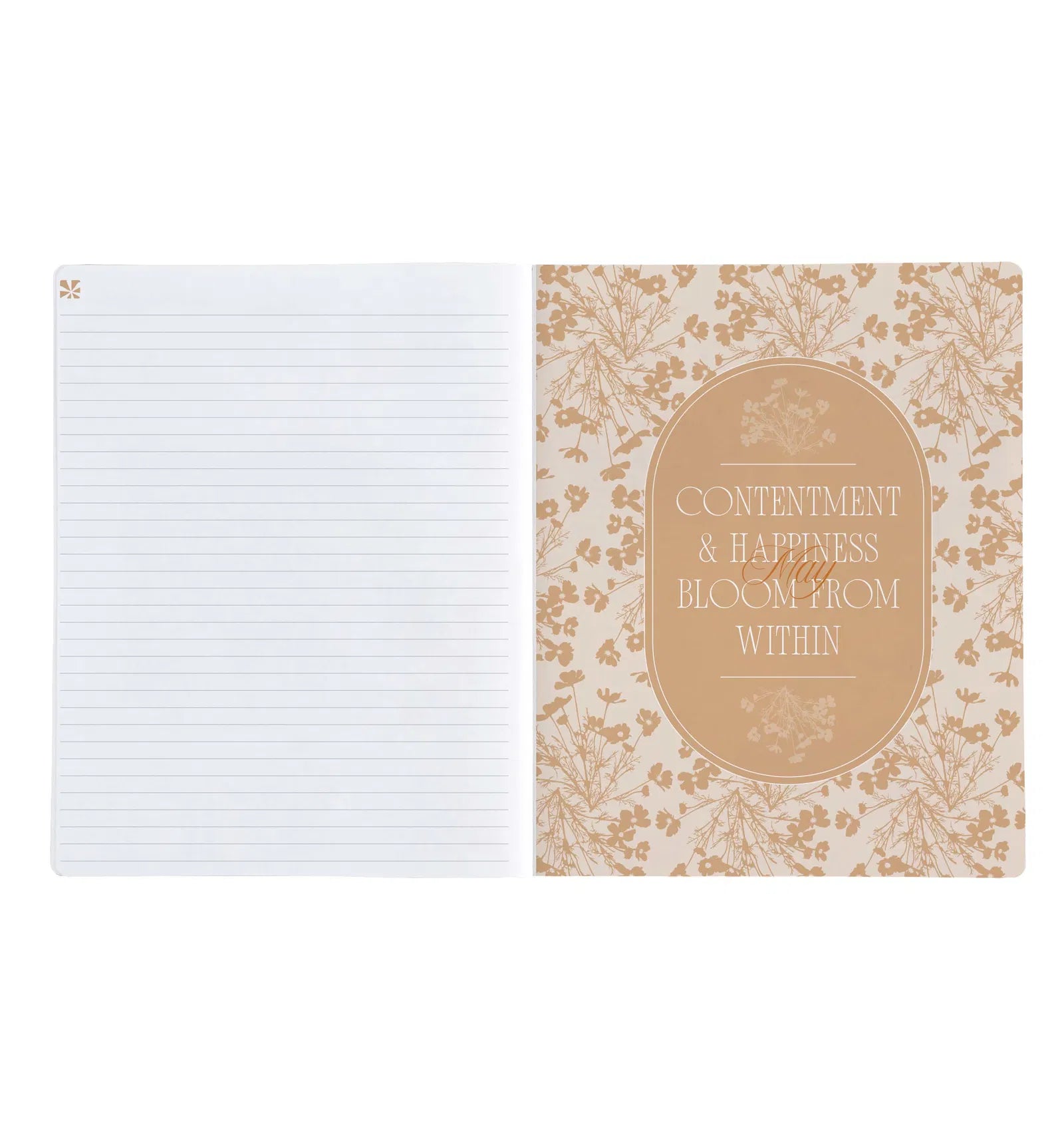 Notebook with floral design and text on a white background