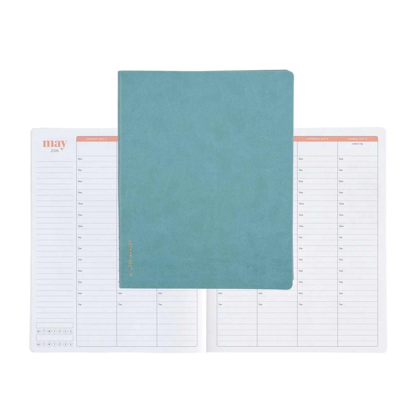 Teal planner with a white calendar layout on a white background