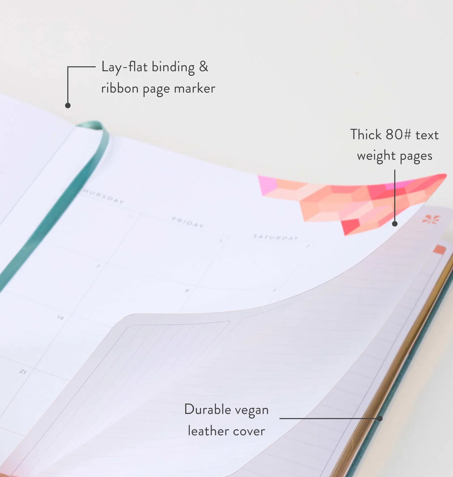 Book with features highlighted: lay-flat binding, ribbon page marker, thick text weight pages, and durable vegan leather cover.