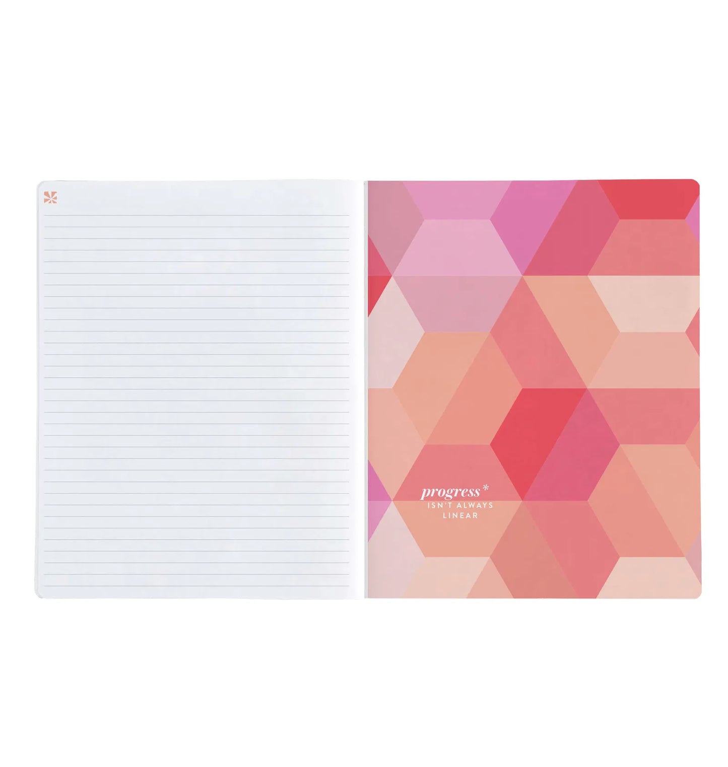 Notebook with lined pages and a geometric patterned cover on a white background