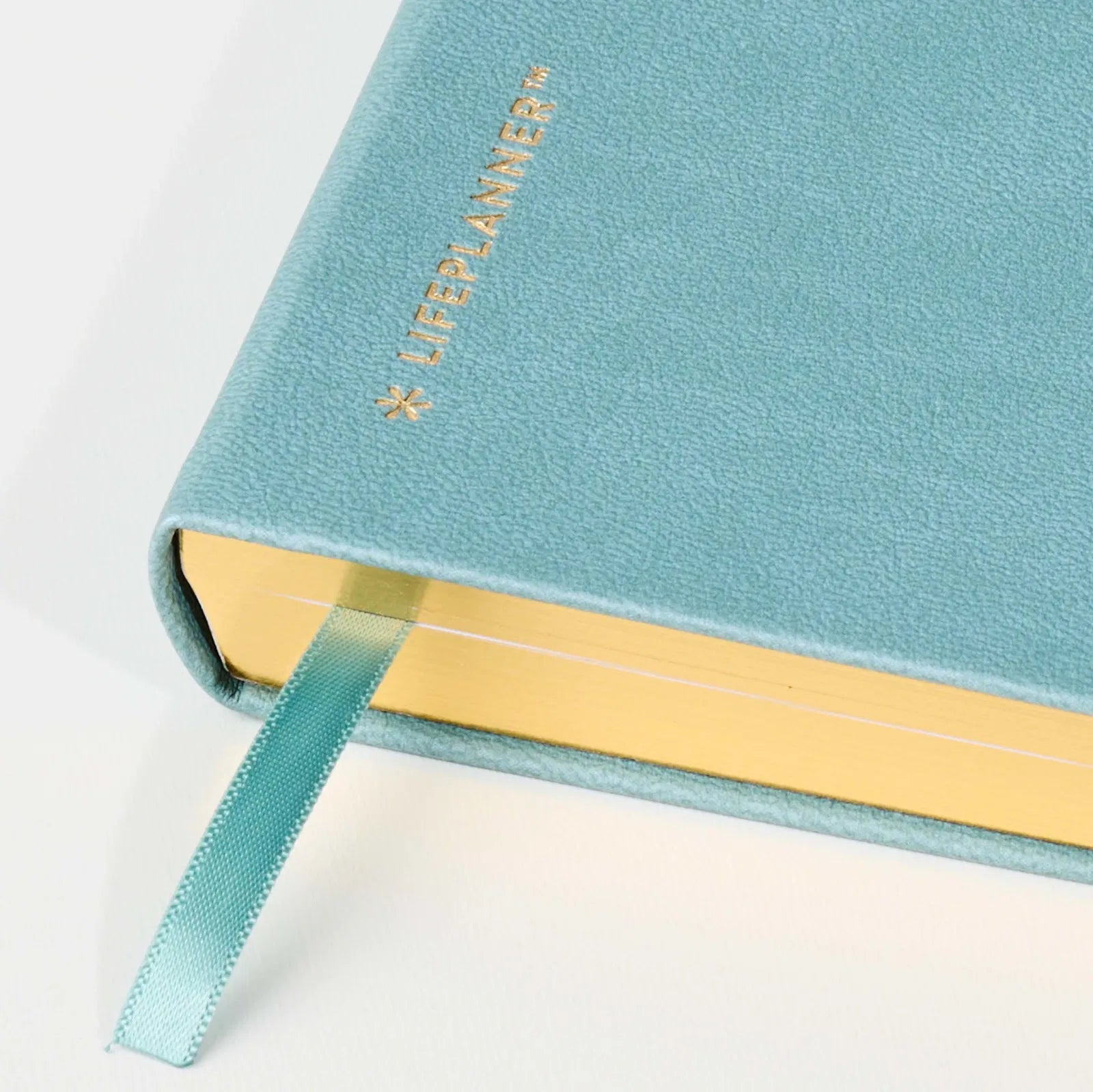Teal planner with gold text and ribbon on a white background