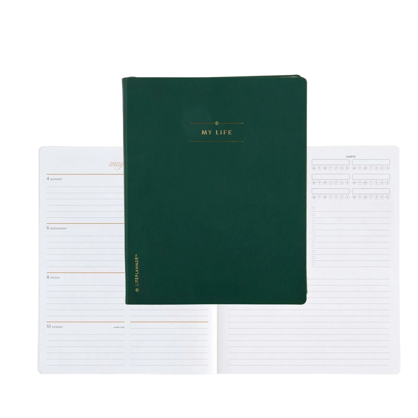 Green notebook with 'MY LIFE' branding on a white background