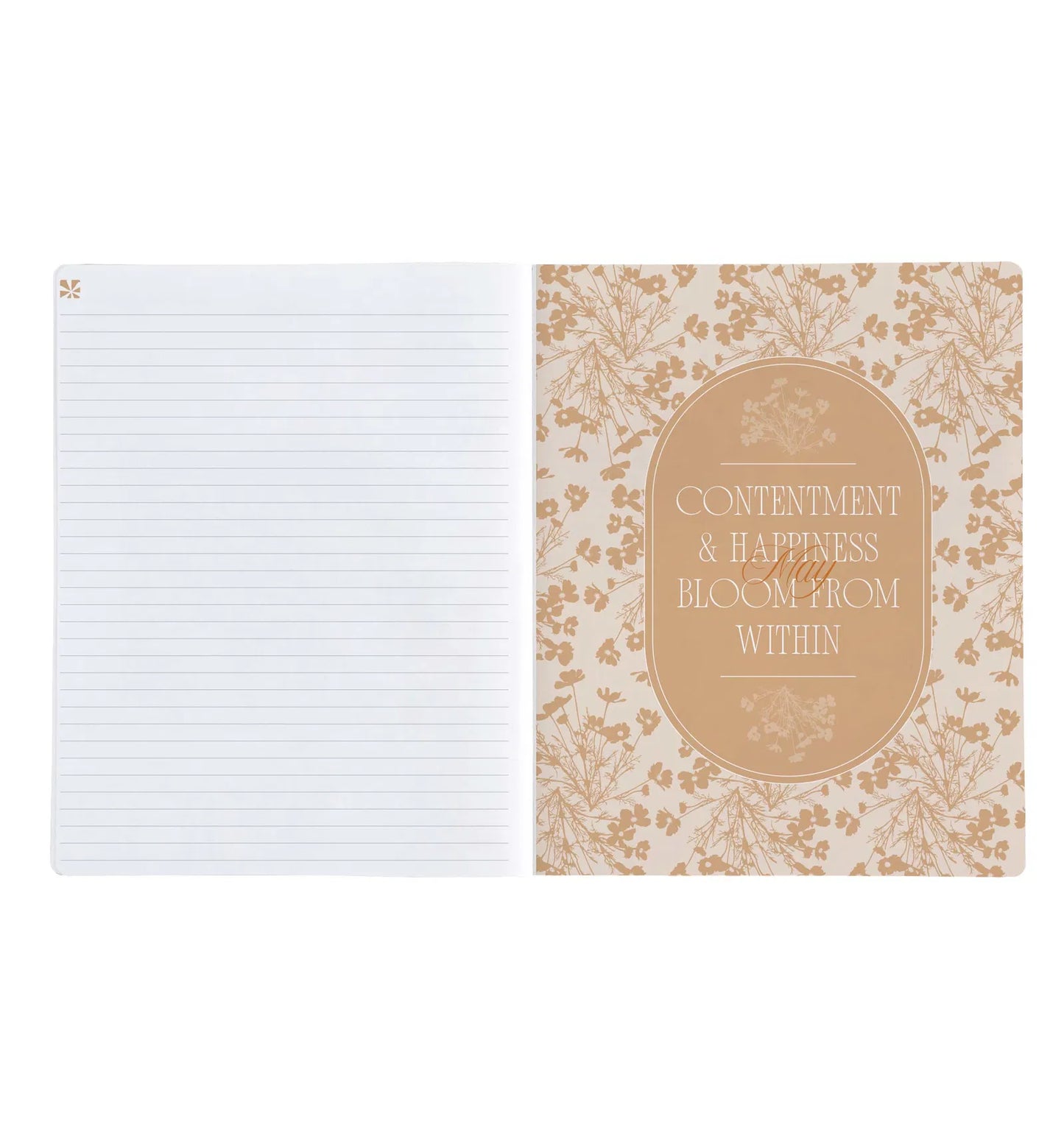 Notebook with floral design and text on a white background
