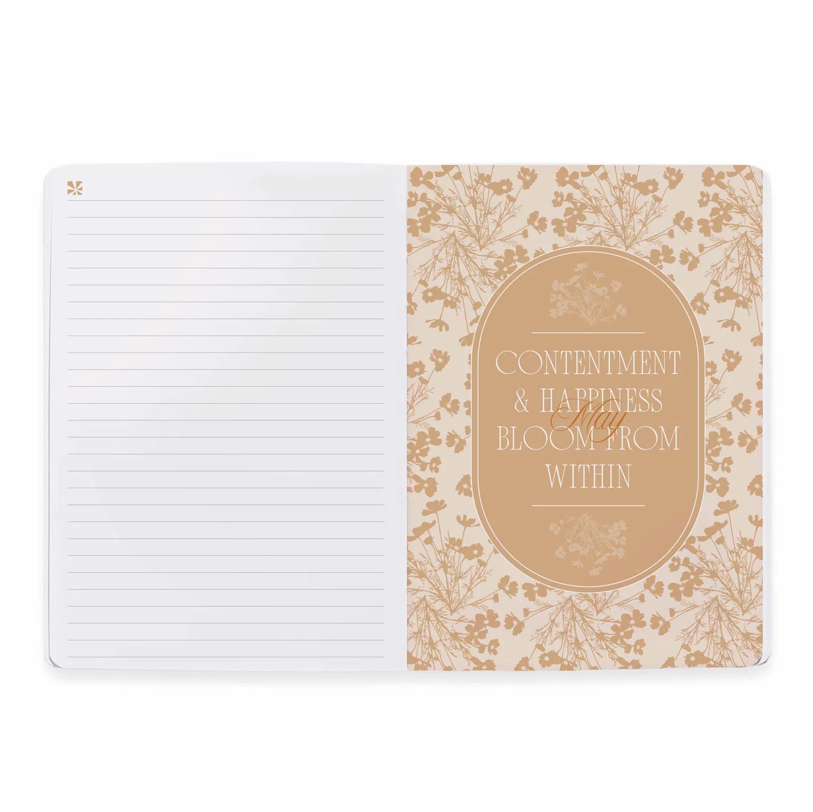 Notebook with floral design and motivational quote on a white background