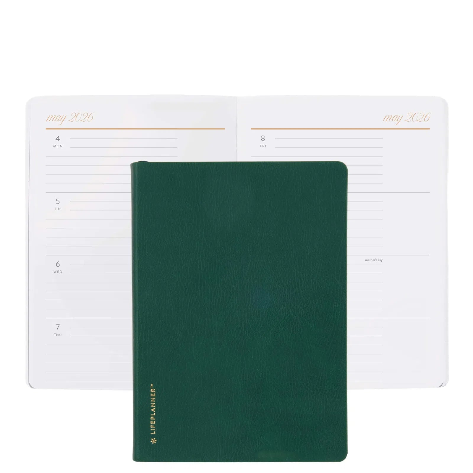 Green planner with a white weekly/monthly layout on a white background