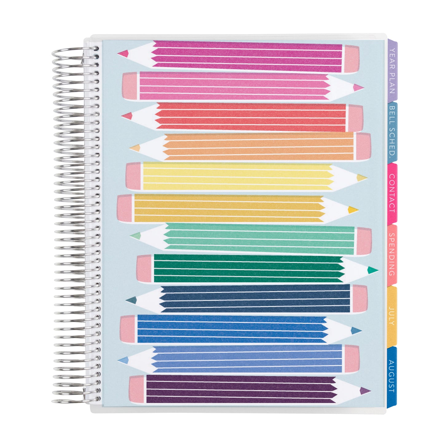 8.5x11 Prismatic Pencils (colorful) Teacher Lesson Planner (August 2026 - July 2027) - Legacy interior, teacher lesson planner horizontal layout, non-metallic, platinum coil