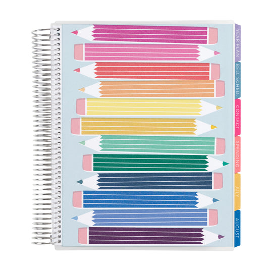 8.5x11 Prismatic Pencils (colorful) Teacher Lesson Planner (August 2026 - July 2027) - Legacy interior, teacher lesson planner horizontal layout, non-metallic, platinum coil
