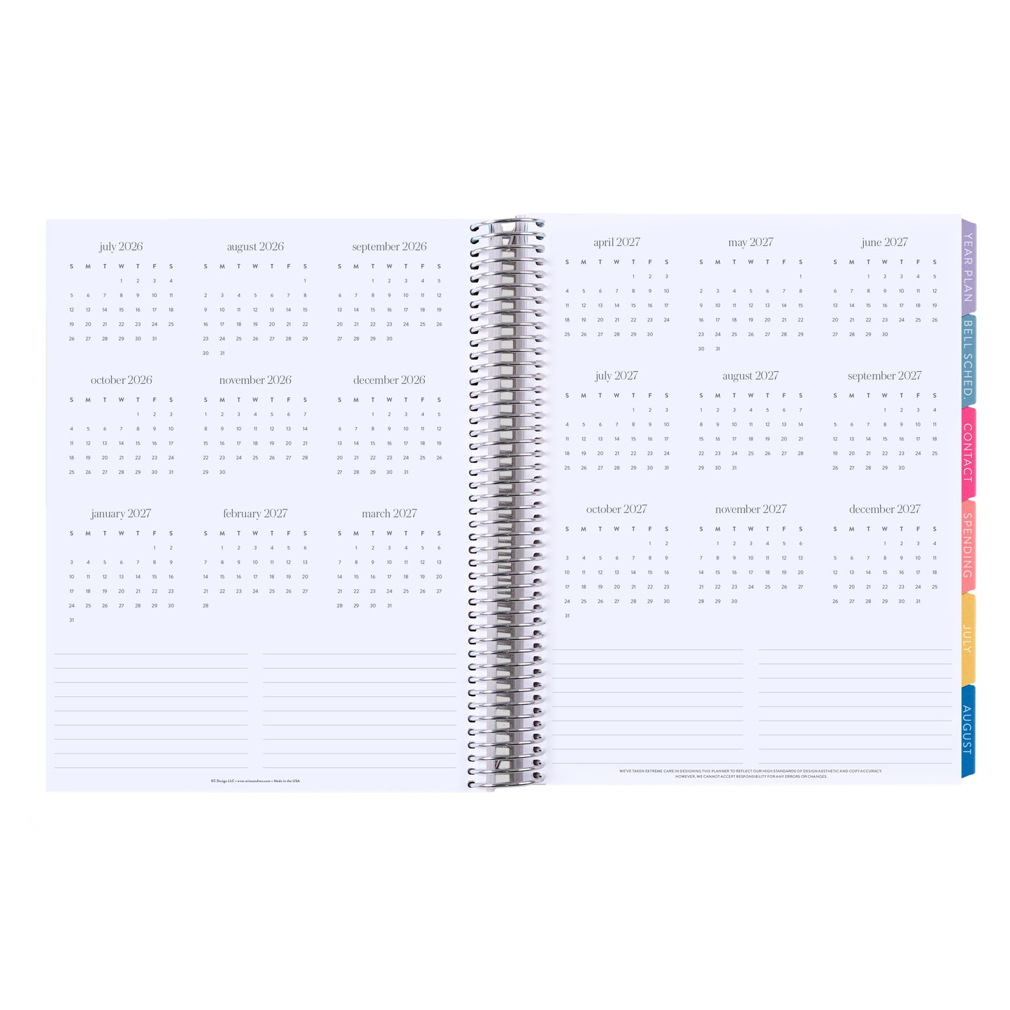 8.5x11 Prismatic Pencils (colorful) Teacher Lesson Planner (August 2026 - July 2027) - Legacy interior, teacher lesson planner horizontal layout, non-metallic, platinum coil