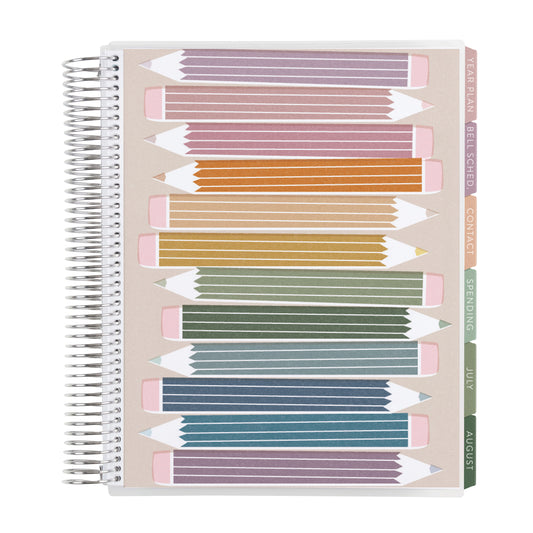8.5x11 Prismatic Pencils (neutral) Teacher Lesson Planner (August 2026 - July 2027) - Toile interior, teacher lesson planner horizontal layout, non-metallic, platinum coil