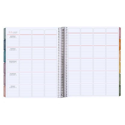 8.5x11 Prismatic Pencils (neutral) Teacher Lesson Planner (August 2026 - July 2027) - Toile interior, teacher lesson planner horizontal layout, non-metallic, platinum coil