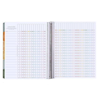 8.5x11 Prismatic Pencils (neutral) Teacher Lesson Planner (August 2026 - July 2027) - Toile interior, teacher lesson planner horizontal layout, non-metallic, platinum coil