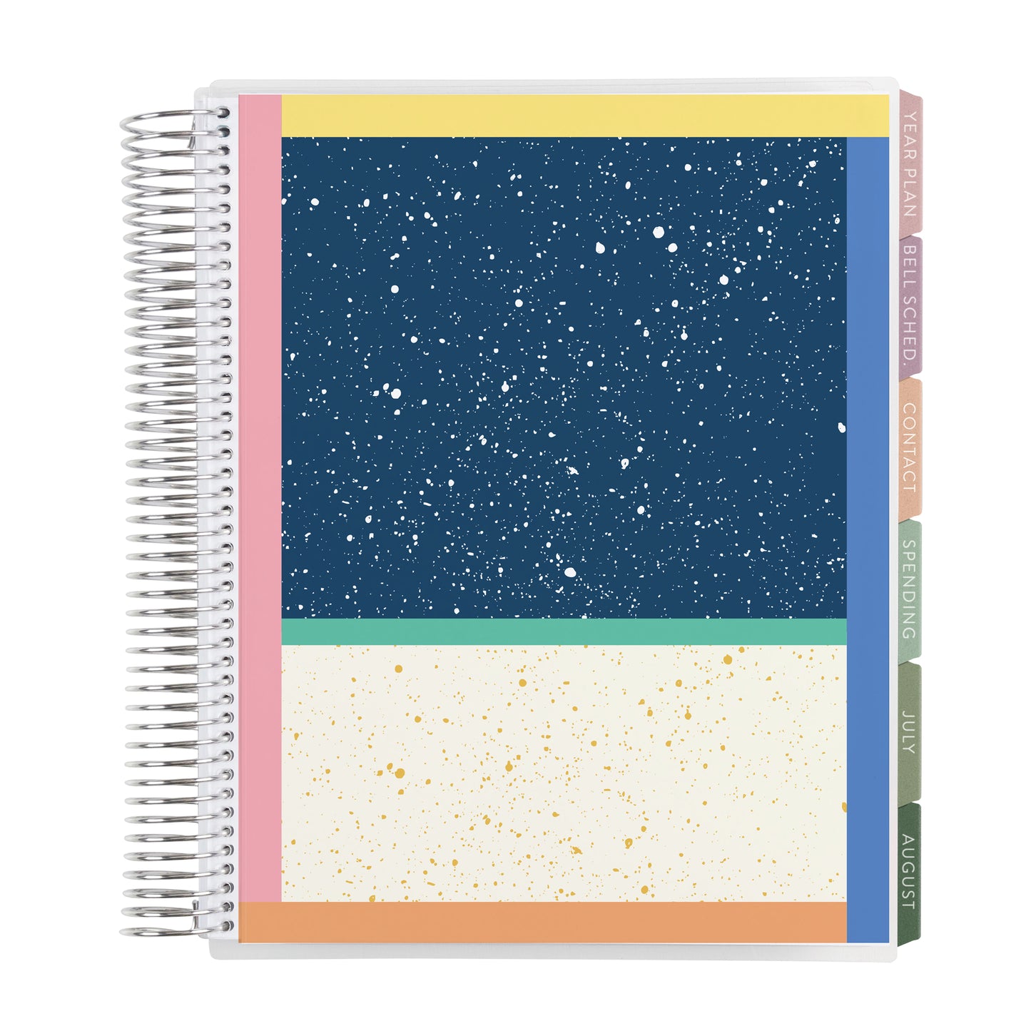 8.5x11 Color Block Composition (signature colorful) Teacher Lesson Planner (August 2026 - July 2027) - Toile interior, teacher lesson planner horizontal layout, non-metallic, platinum coil