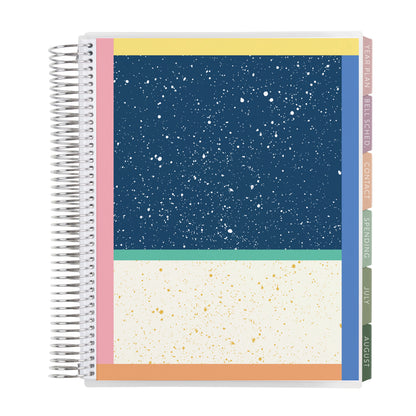 8.5x11 Color Block Composition (signature colorful) Teacher Lesson Planner (August 2026 - July 2027) - Toile interior, teacher lesson planner horizontal layout, non-metallic, platinum coil