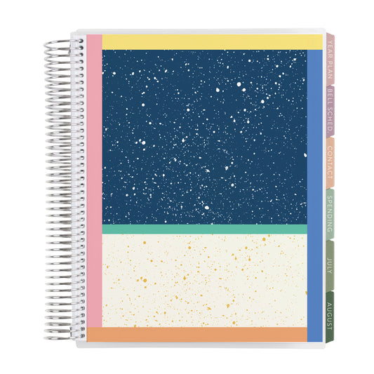 8.5x11 Color Block Composition (signature colorful) Teacher Lesson Planner (August 2026 - July 2027) - Toile interior, teacher lesson planner horizontal layout, non-metallic, platinum coil