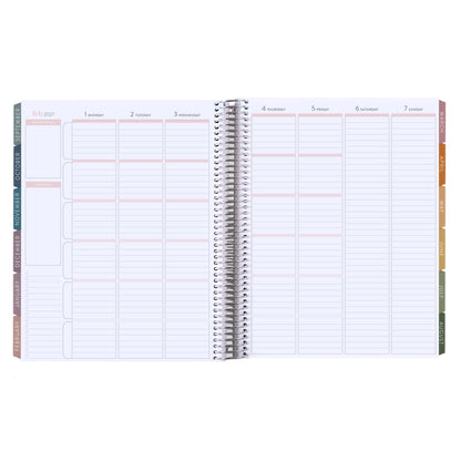8.5x11 Color Block Composition (signature colorful) Teacher Lesson Planner (August 2026 - July 2027) - Toile interior, teacher lesson planner horizontal layout, non-metallic, platinum coil