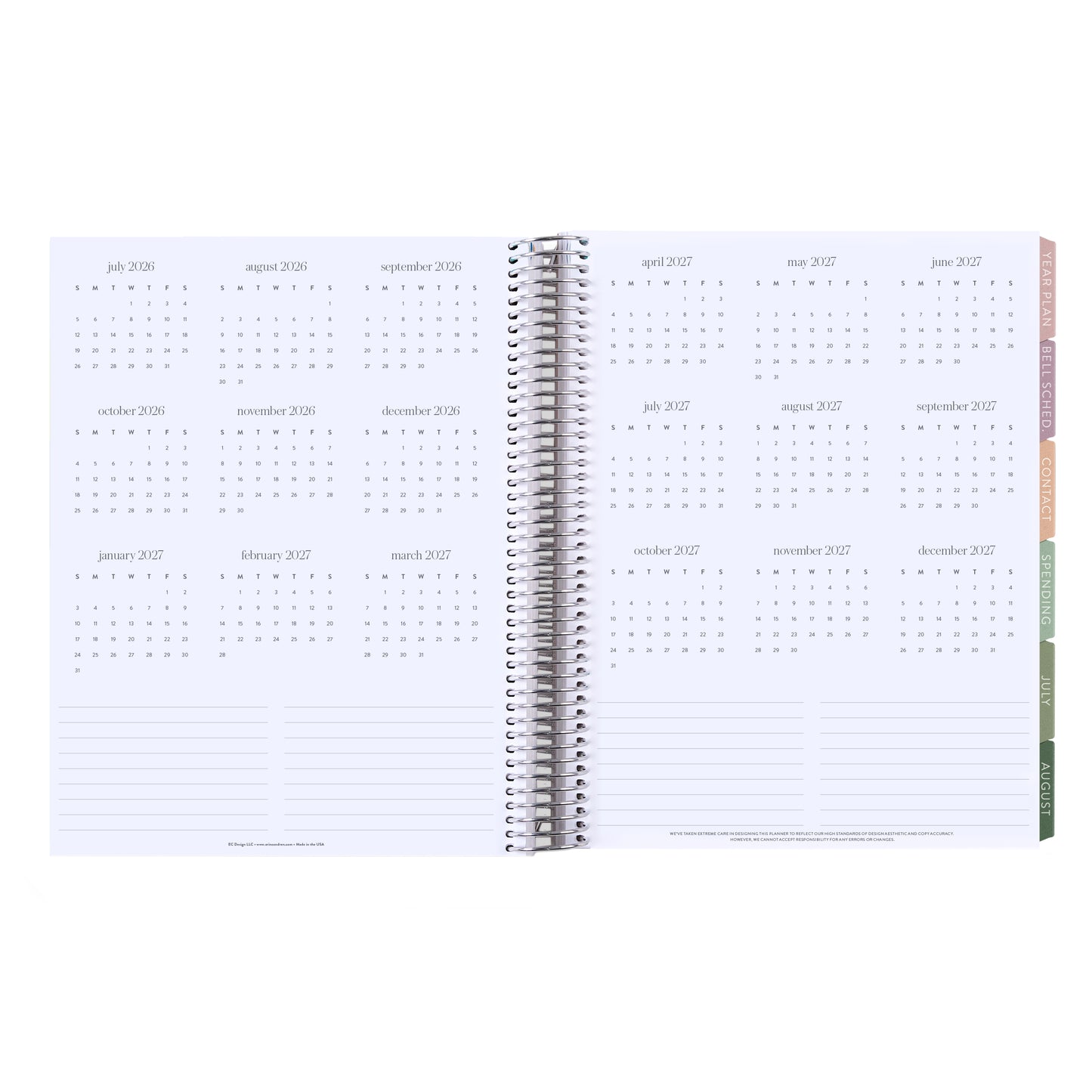 8.5x11 Color Block Composition (signature colorful) Teacher Lesson Planner (August 2026 - July 2027) - Toile interior, teacher lesson planner horizontal layout, non-metallic, platinum coil