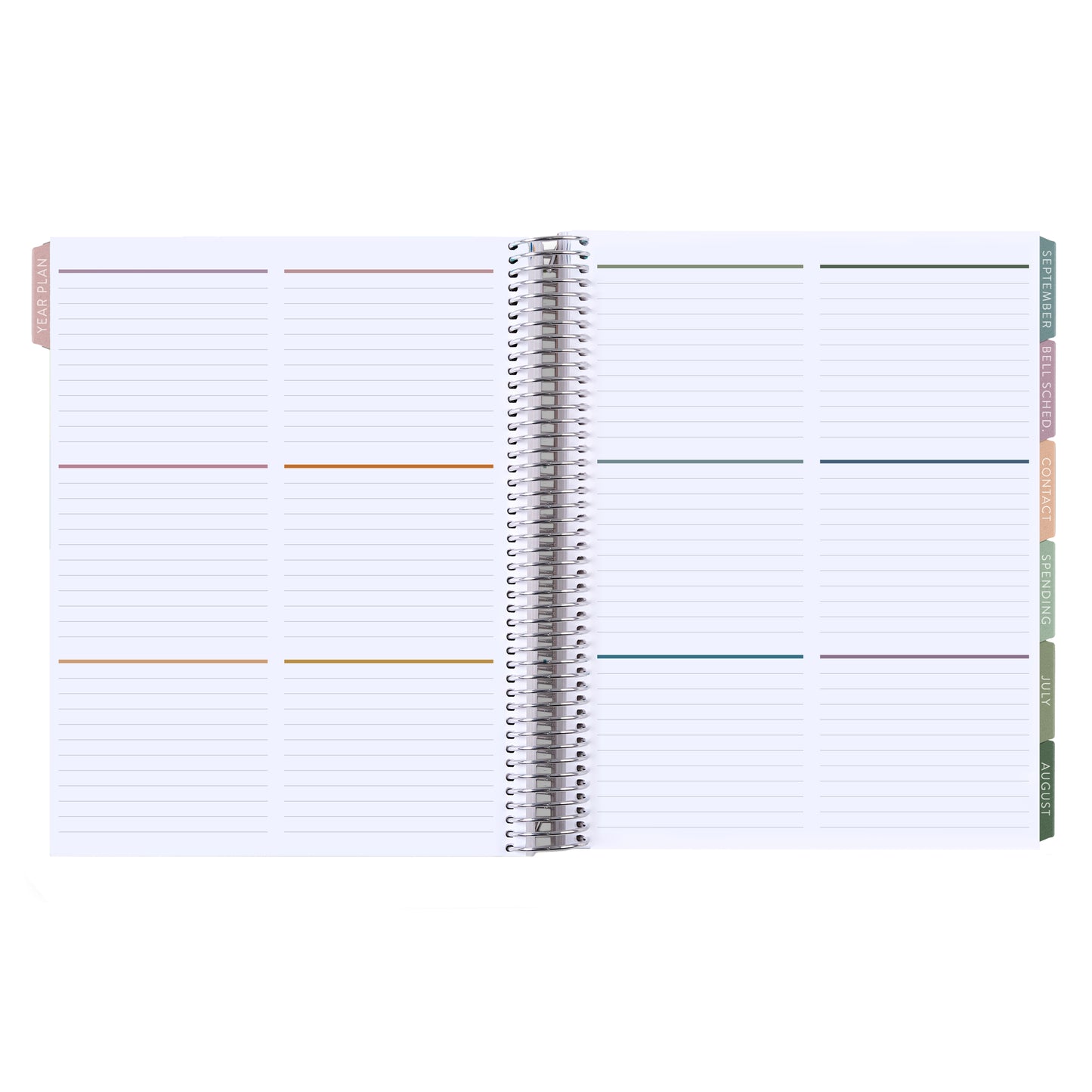8.5x11 Color Block Composition (signature colorful) Teacher Lesson Planner (August 2026 - July 2027) - Toile interior, teacher lesson planner horizontal layout, non-metallic, platinum coil