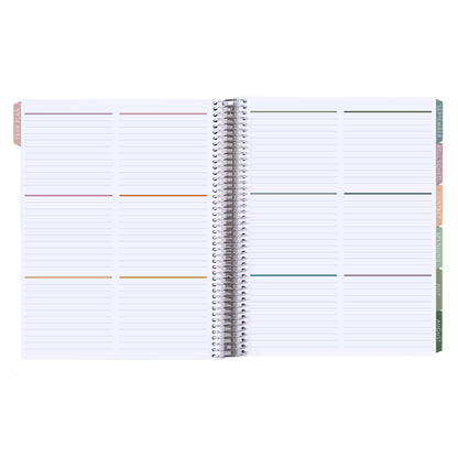 8.5x11 Color Block Composition (signature colorful) Teacher Lesson Planner (August 2026 - July 2027) - Toile interior, teacher lesson planner horizontal layout, non-metallic, platinum coil