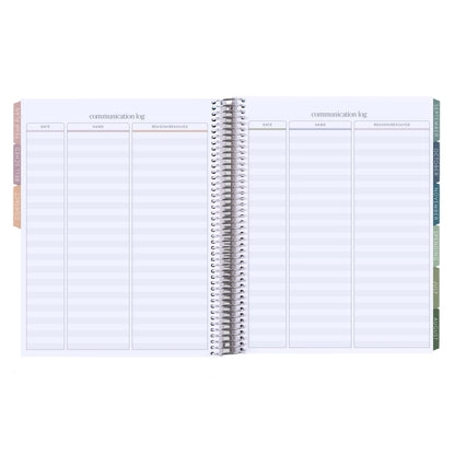 8.5x11 Color Block Composition (signature colorful) Teacher Lesson Planner (August 2026 - July 2027) - Toile interior, teacher lesson planner horizontal layout, non-metallic, platinum coil