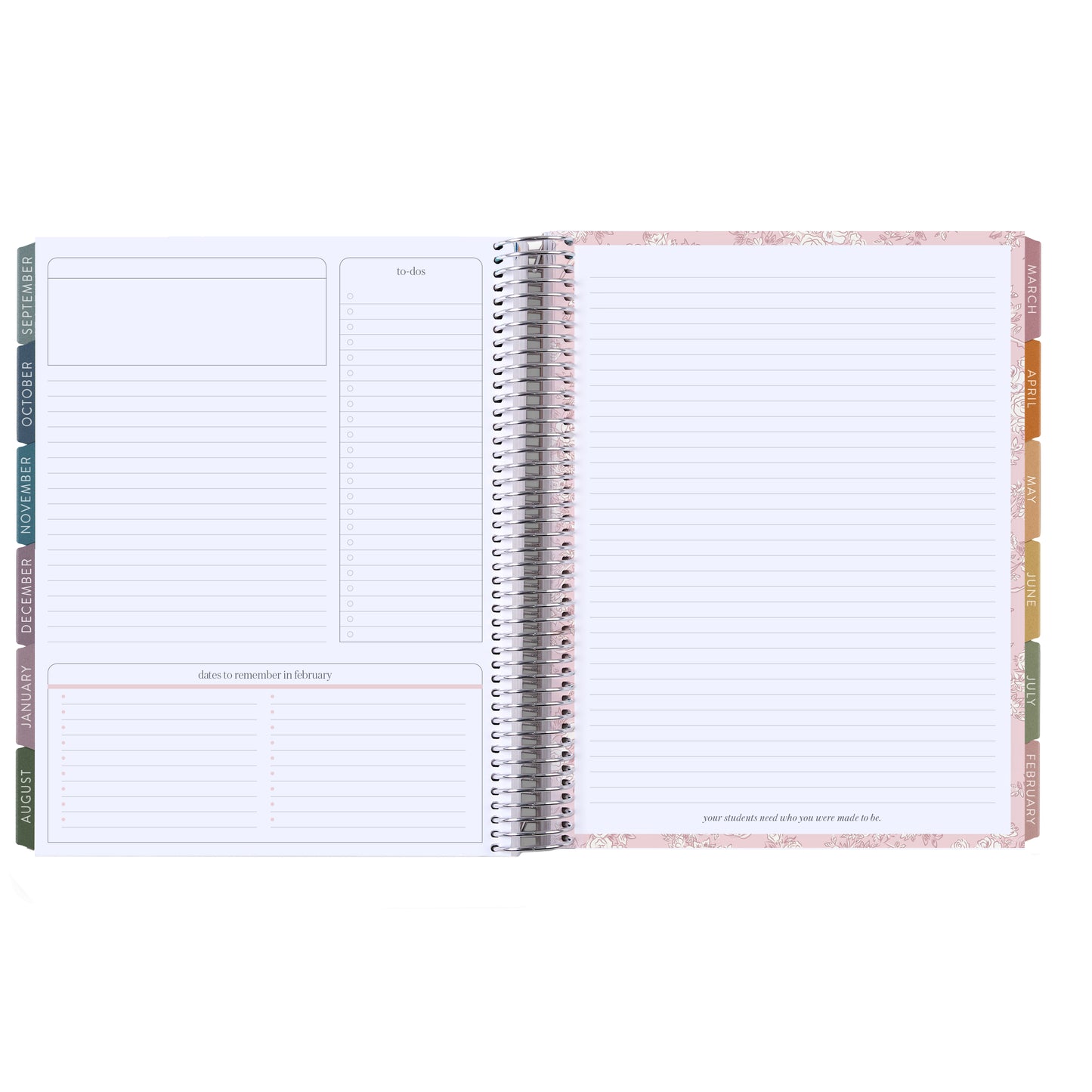 8.5x11 Color Block Composition (signature colorful) Teacher Lesson Planner (August 2026 - July 2027) - Toile interior, teacher lesson planner horizontal layout, non-metallic, platinum coil