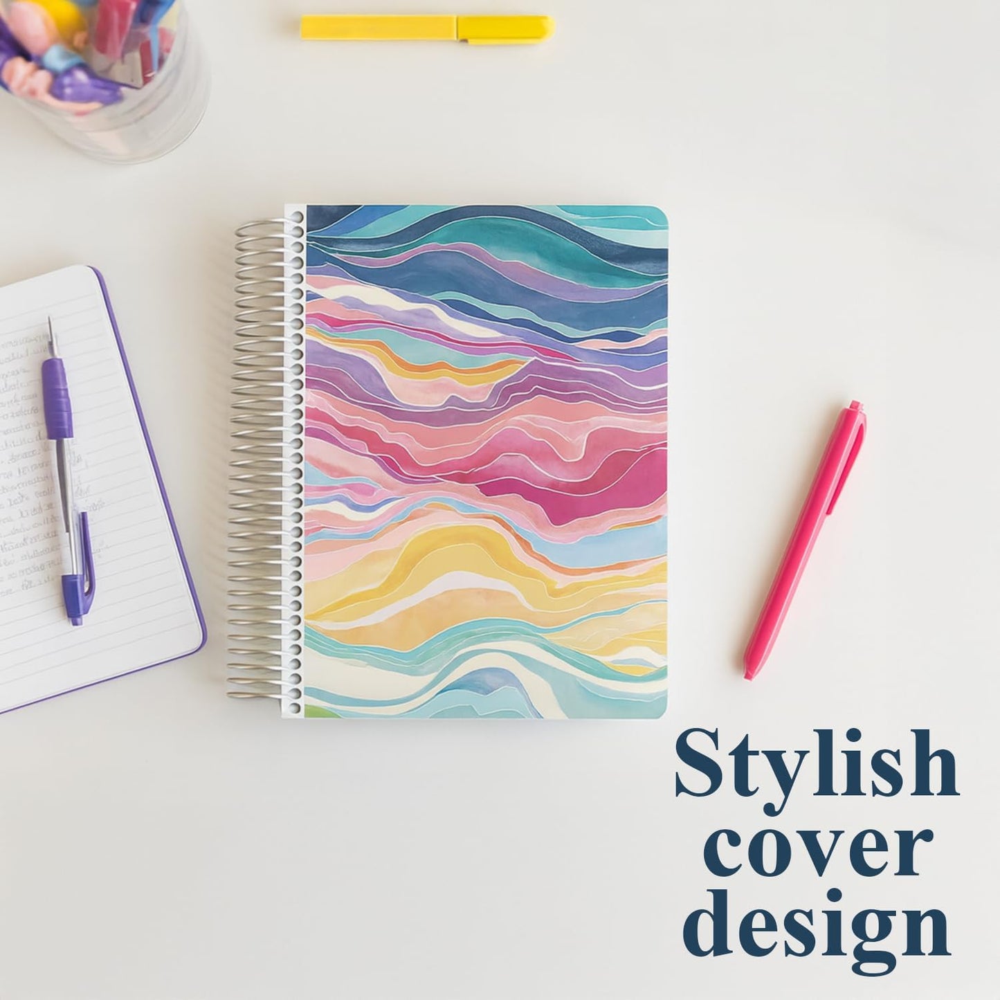 7x9 Colorful Layers Coiled Notebook - productivity layout, platinum coil