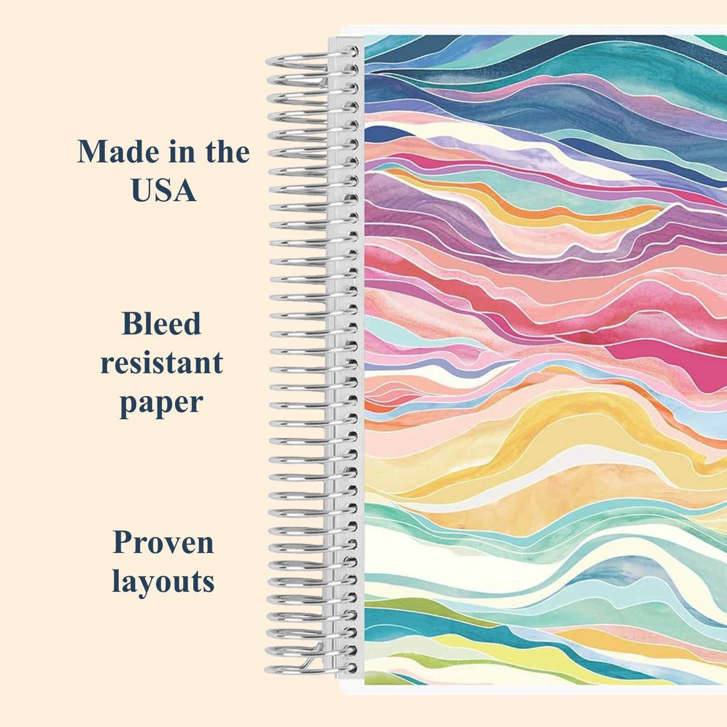 7x9 Colorful Layers Coiled Notebook - productivity layout, platinum coil