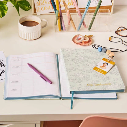 8x10 Softbound Teacher Lesson Planner - Toile Wallpaper Eucalyptus (July 2026 - June 2027)