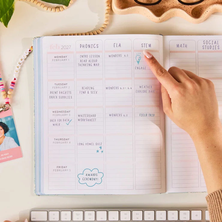 8x10 Softbound Teacher Lesson Planner - Toile Wallpaper Eucalyptus (July 2026 - June 2027)