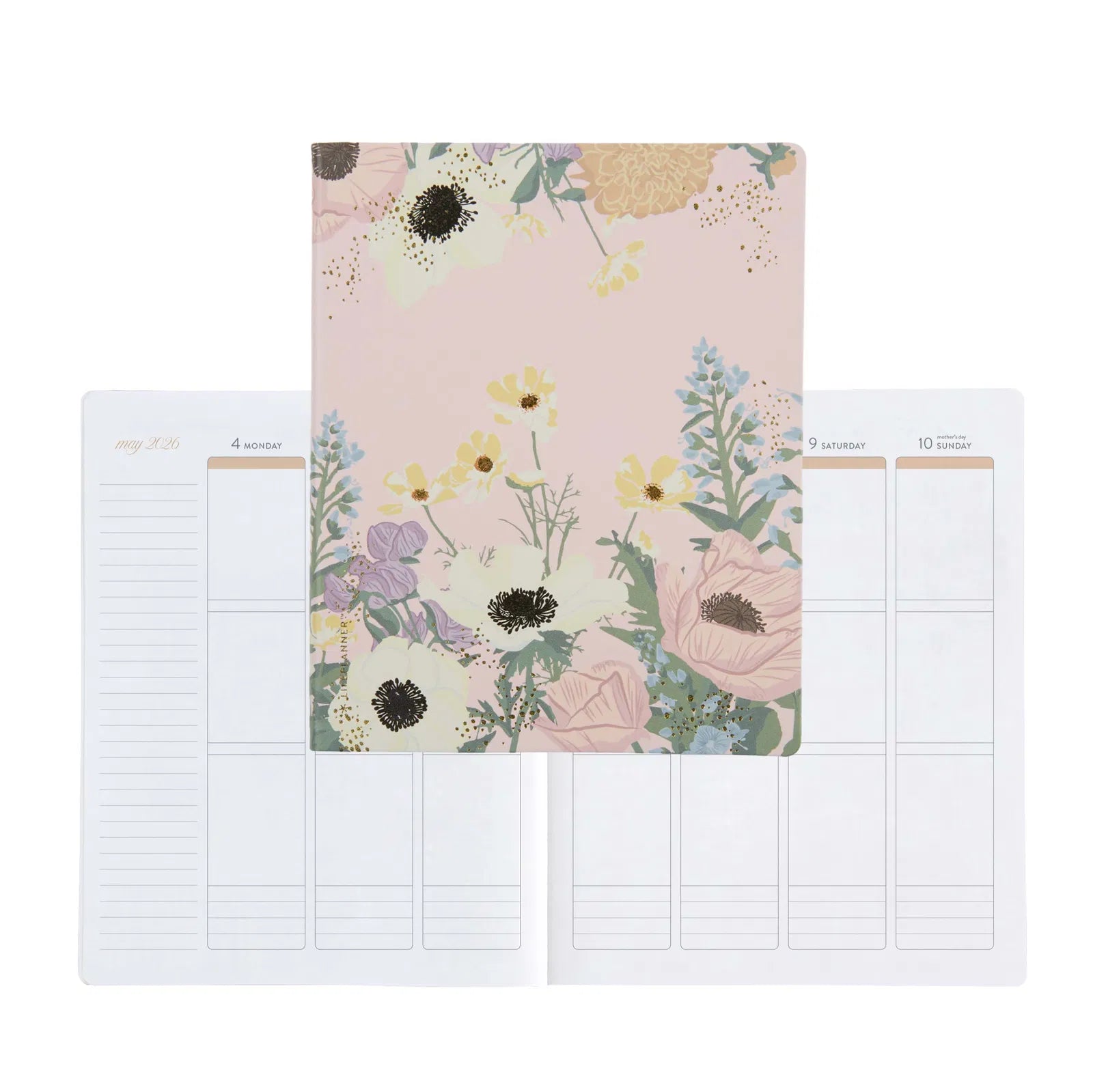 Floral notebook with two pages showing grid layouts on a white background