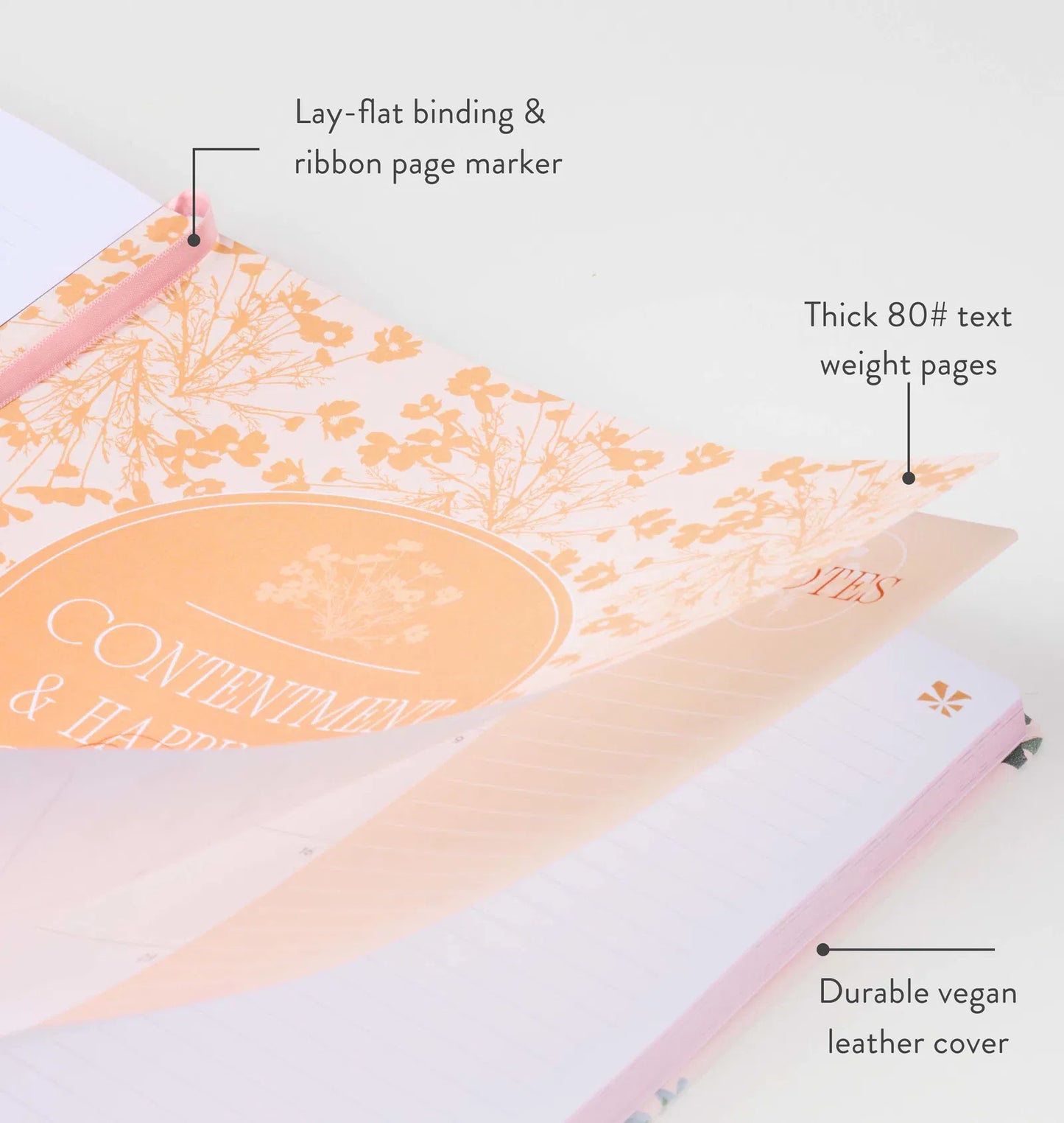 Book with floral design and text, featuring lay-flat binding, ribbon page marker, thick pages, and vegan leather cover.