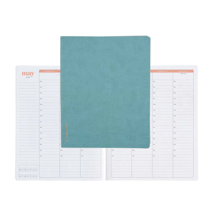 Teal planner with a white calendar layout on a white background