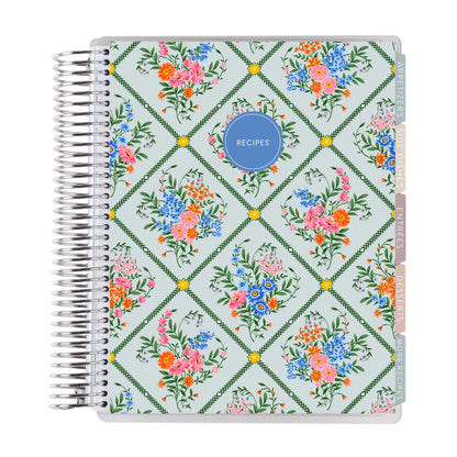 Recipe book with floral design and 'Recipes' label on a white background