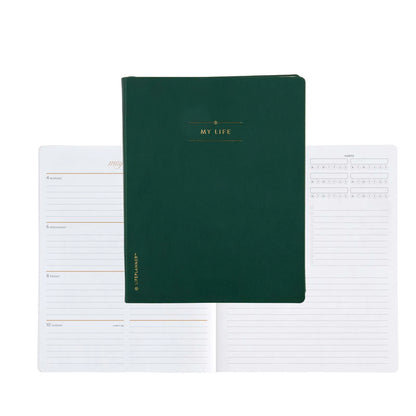Green notebook with 'MY LIFE' branding on a white background