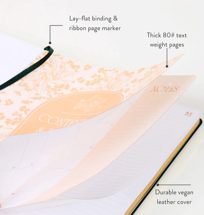 Notebook with features highlighted on a white background