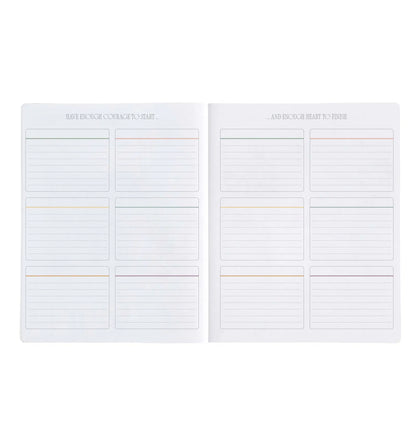 Two pages of lined notebook paper with text at the top on a white background