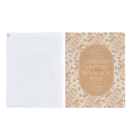 Notebook with floral design and text on a white background