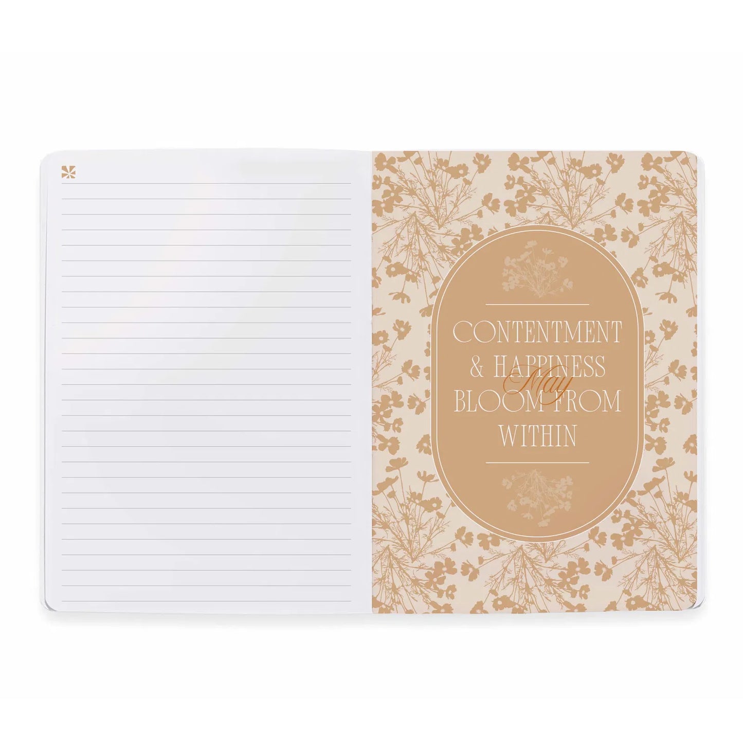 Notebook with floral design and motivational quote on a white background