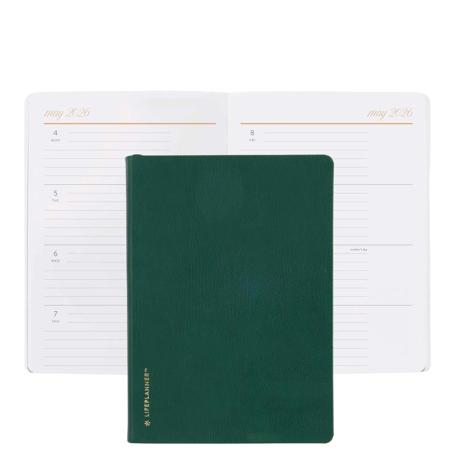 Green planner with a white weekly/monthly layout on a white background