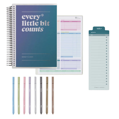 Set of planners, checklists, and pens with a motivational quote on a white background