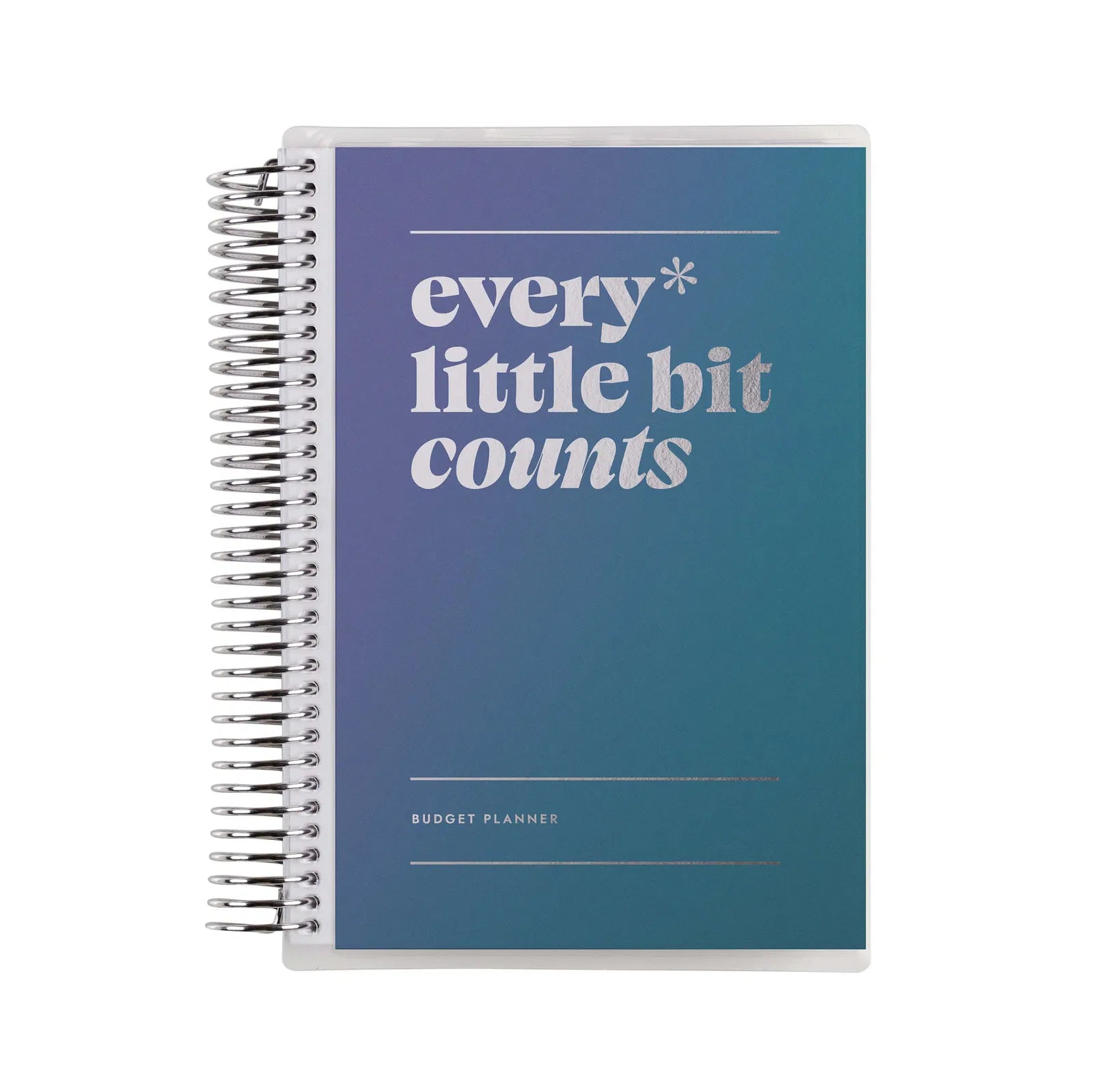 Budget planner with 'every little bit counts' text on a gradient blue cover