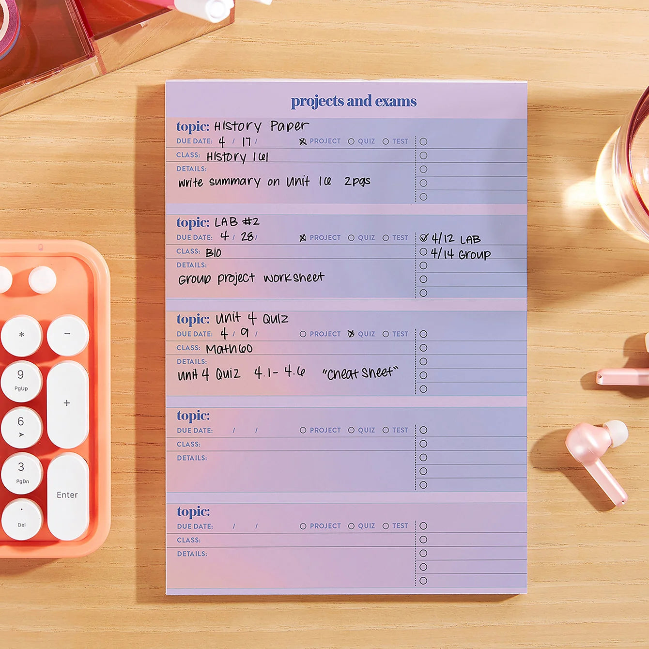 Weekly Projects and Exams Notepad